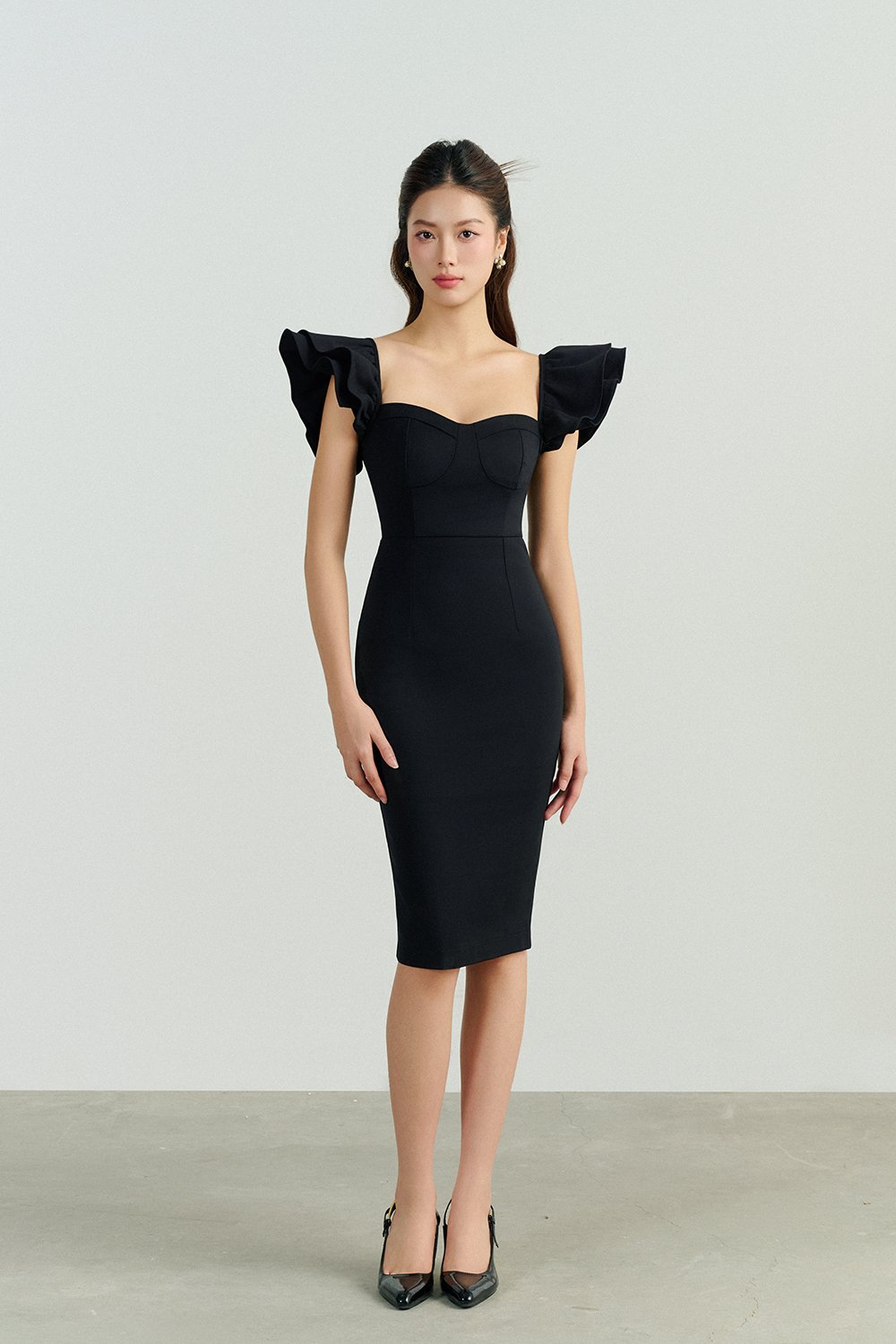 Carol Flutter Shoulder Pencil Dress in Classic Black