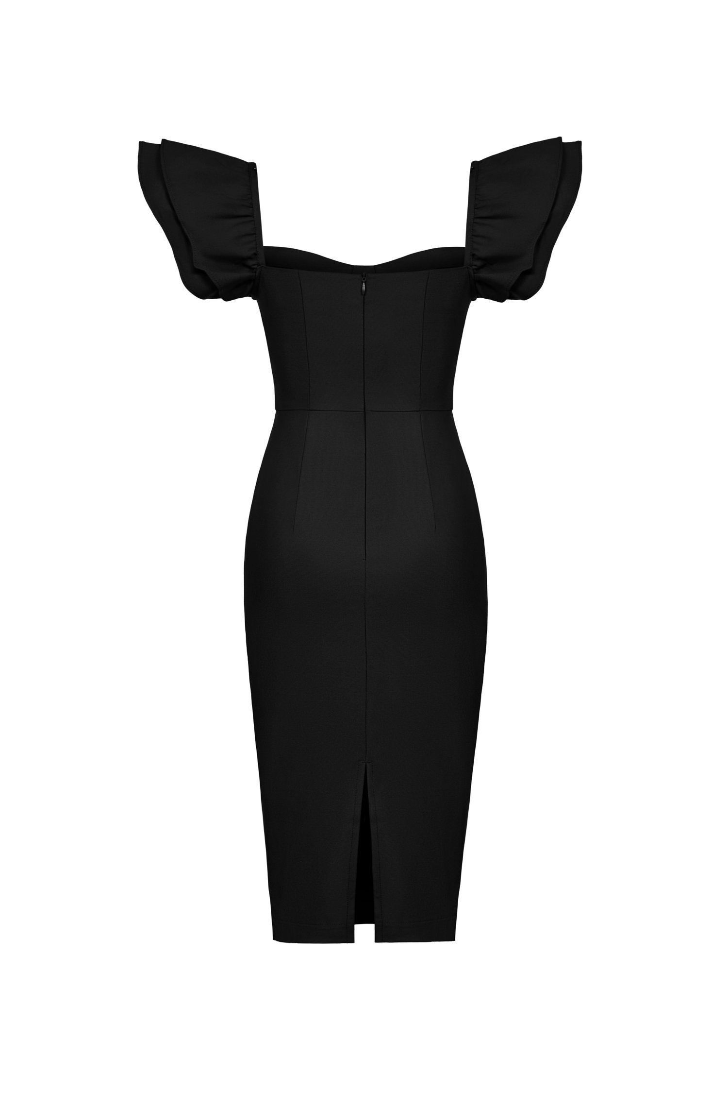 Carol Flutter Shoulder Pencil Dress in Classic Black