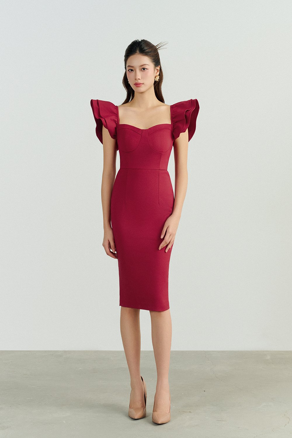 Carol Flutter Shoulder Pencil Dress in Redcurrant