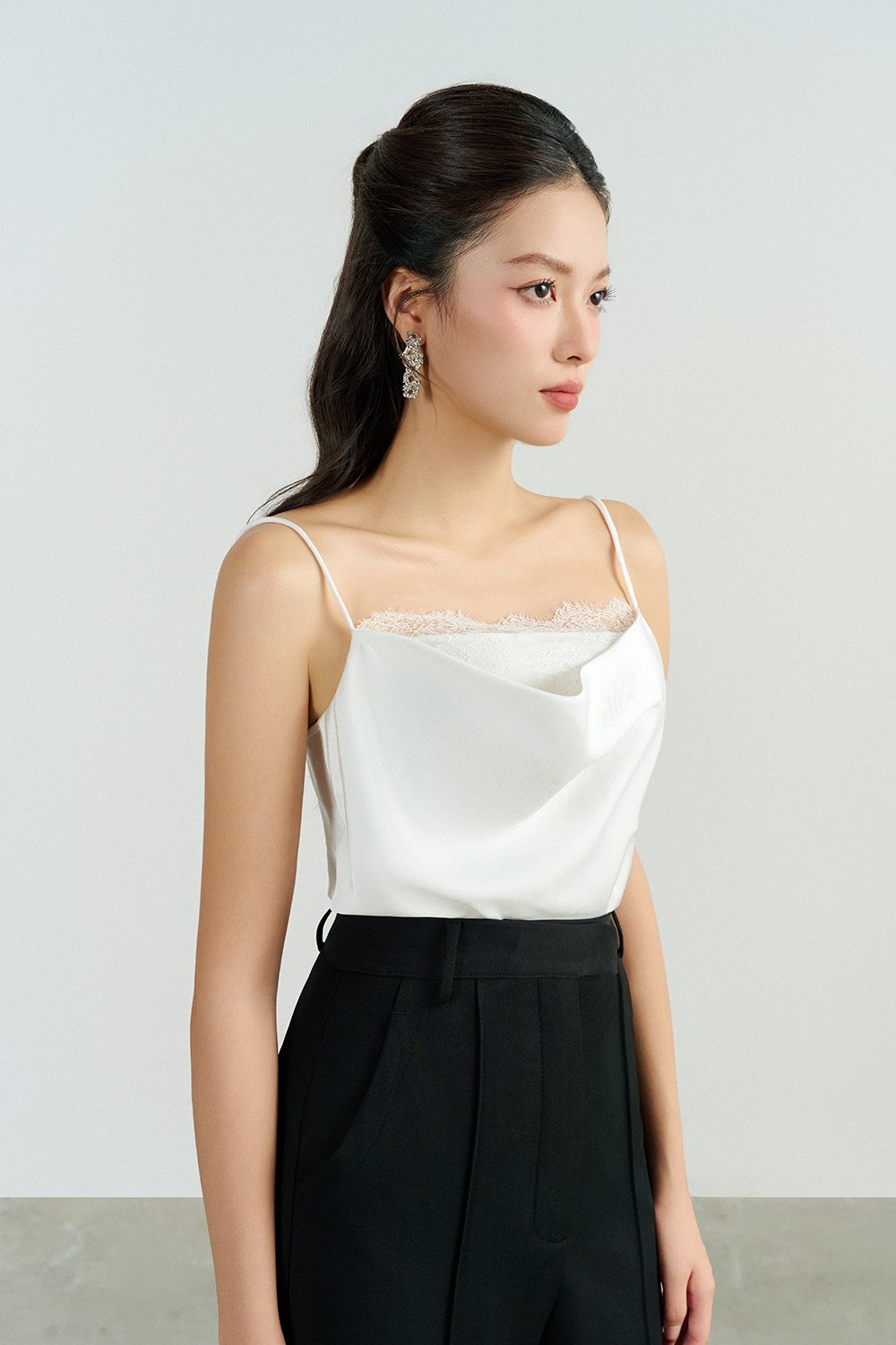 Zenni Cowl Neck Lace Accent Top in Iconic White