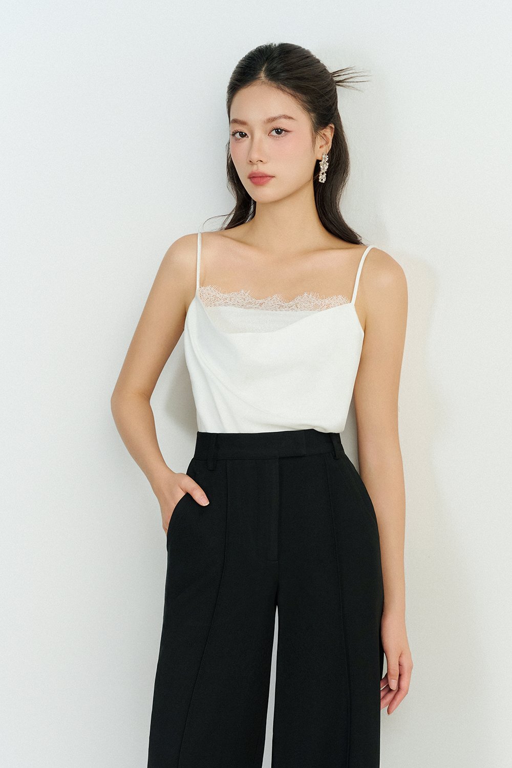 Zenni Cowl Neck Lace Accent Top in Iconic White