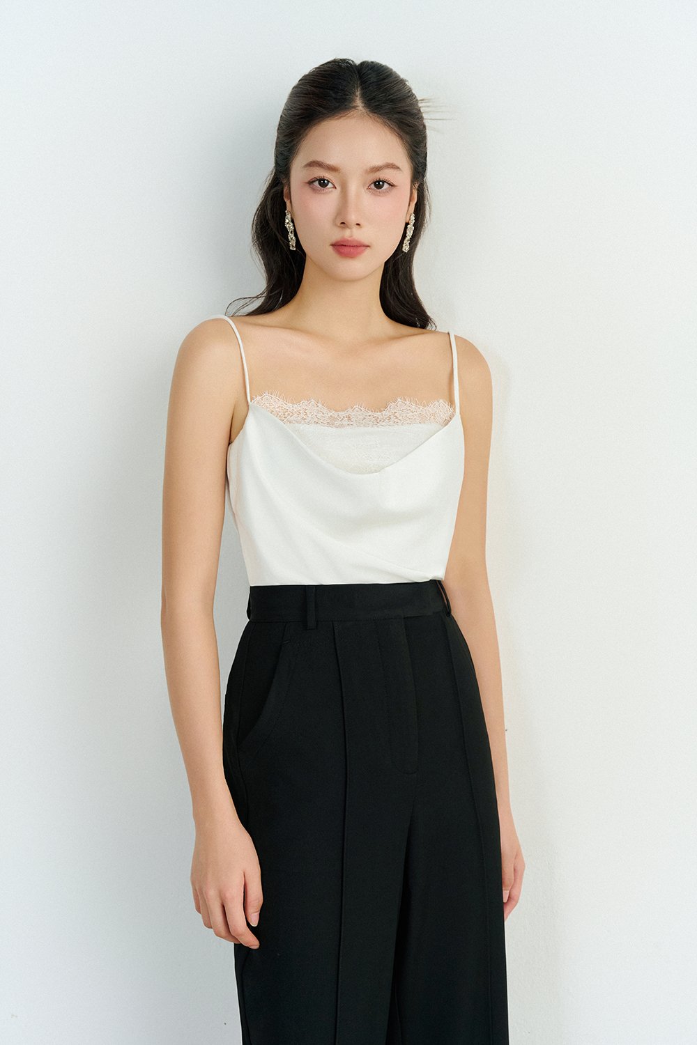 Zenni Cowl Neck Lace Accent Top in Iconic White