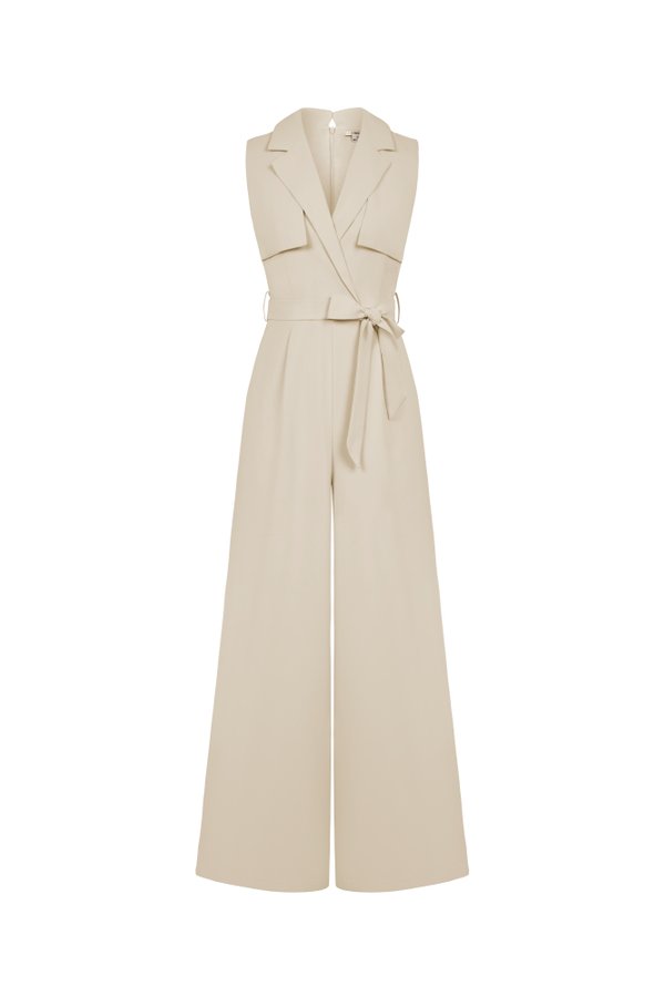Caprice Trench Sash Belt Jumpsuit in Light Bisque