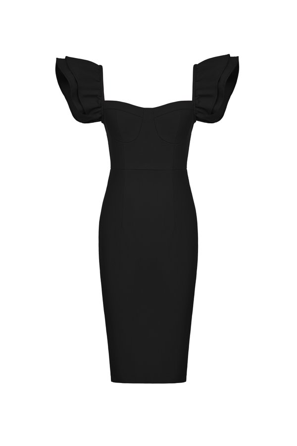 Carol Flutter Shoulder Pencil Dress in Classic Black