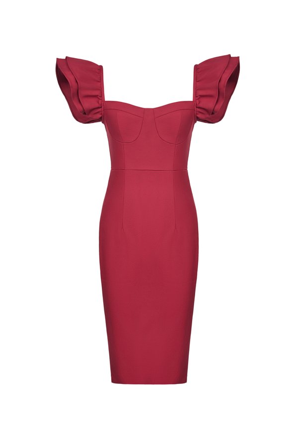 Carol Flutter Shoulder Pencil Dress in Redcurrant