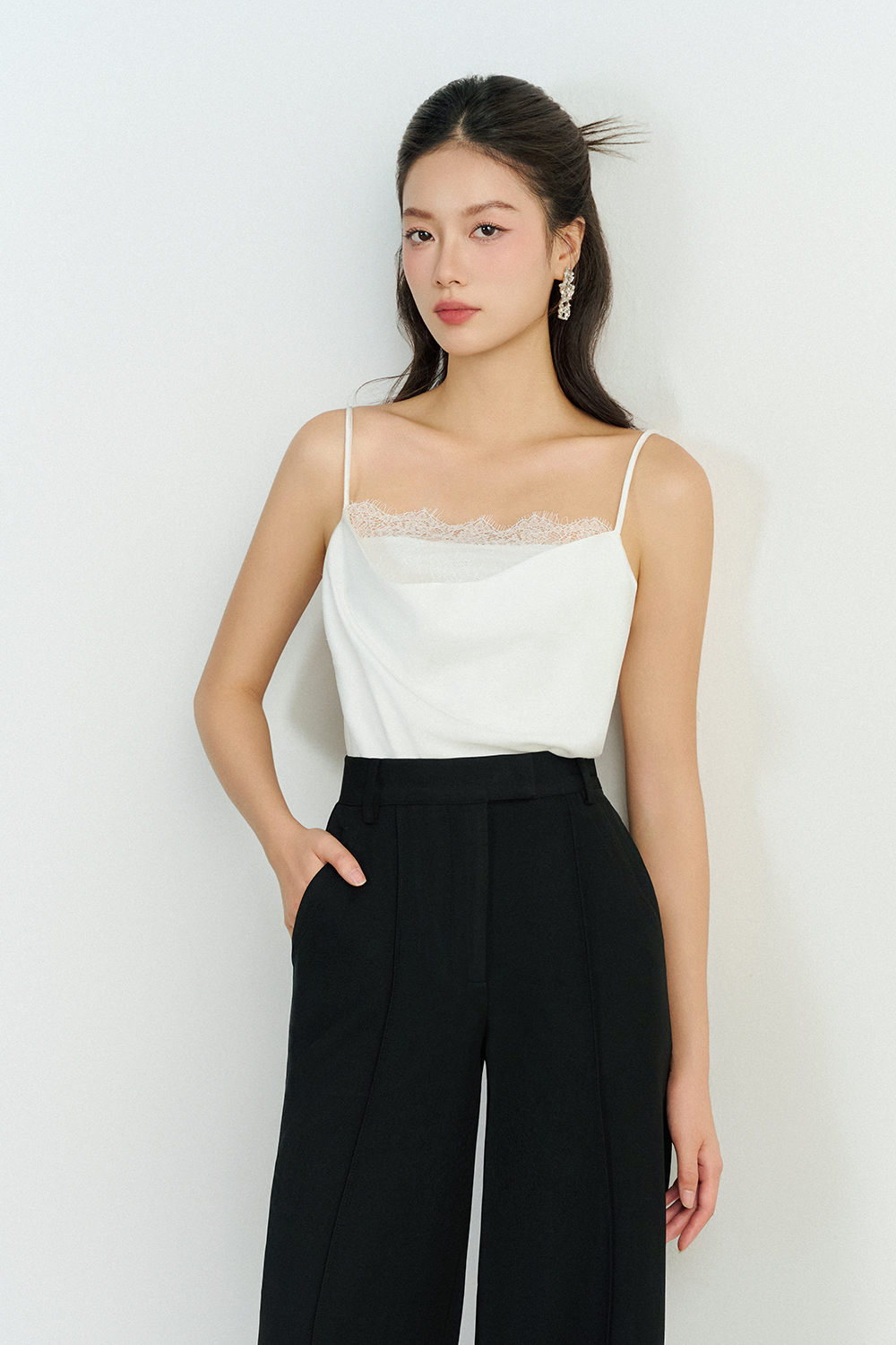 Zenni Cowl Neck Lace Accent Top in Iconic White | Chello