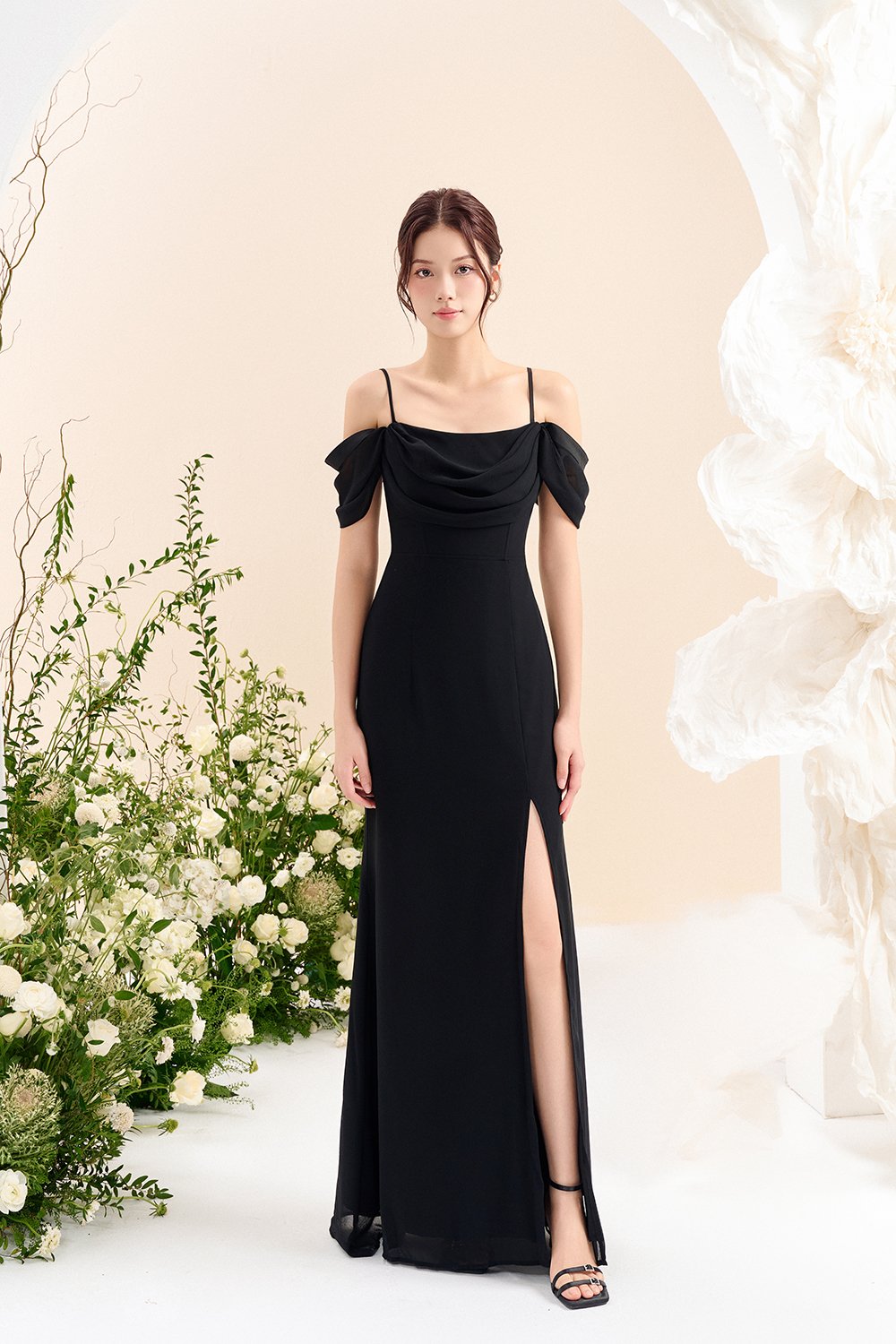 Iris 4-Way Mermaid Slip Padded Maxi Dress in Classic Black