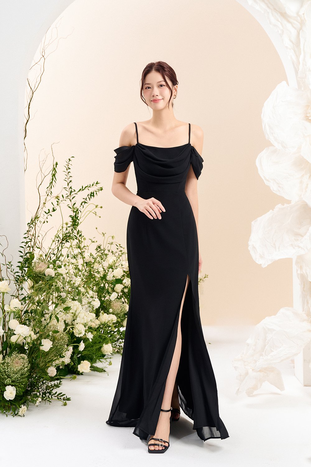 Iris 4-Way Mermaid Slip Padded Maxi Dress in Classic Black