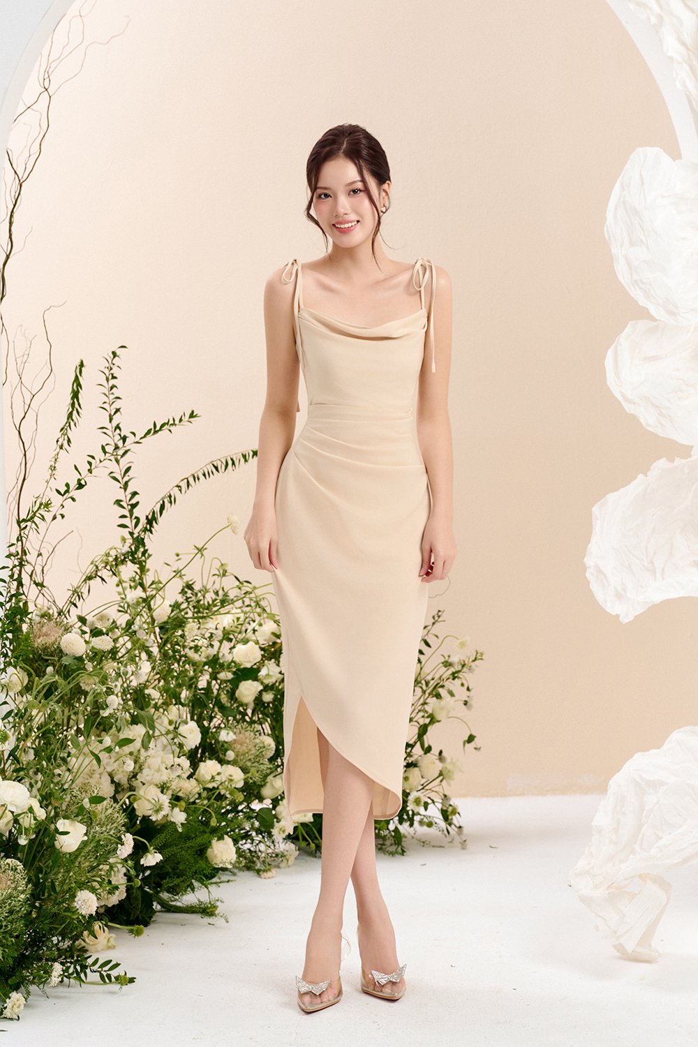 Adelaide Cowl Neck Slip Midi Dress in Champagne Glow