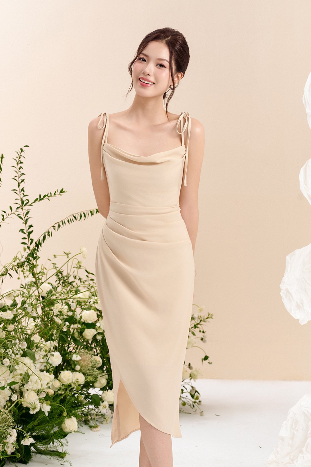 Adelaide Cowl Neck Slip Midi Dress in Champagne Glow