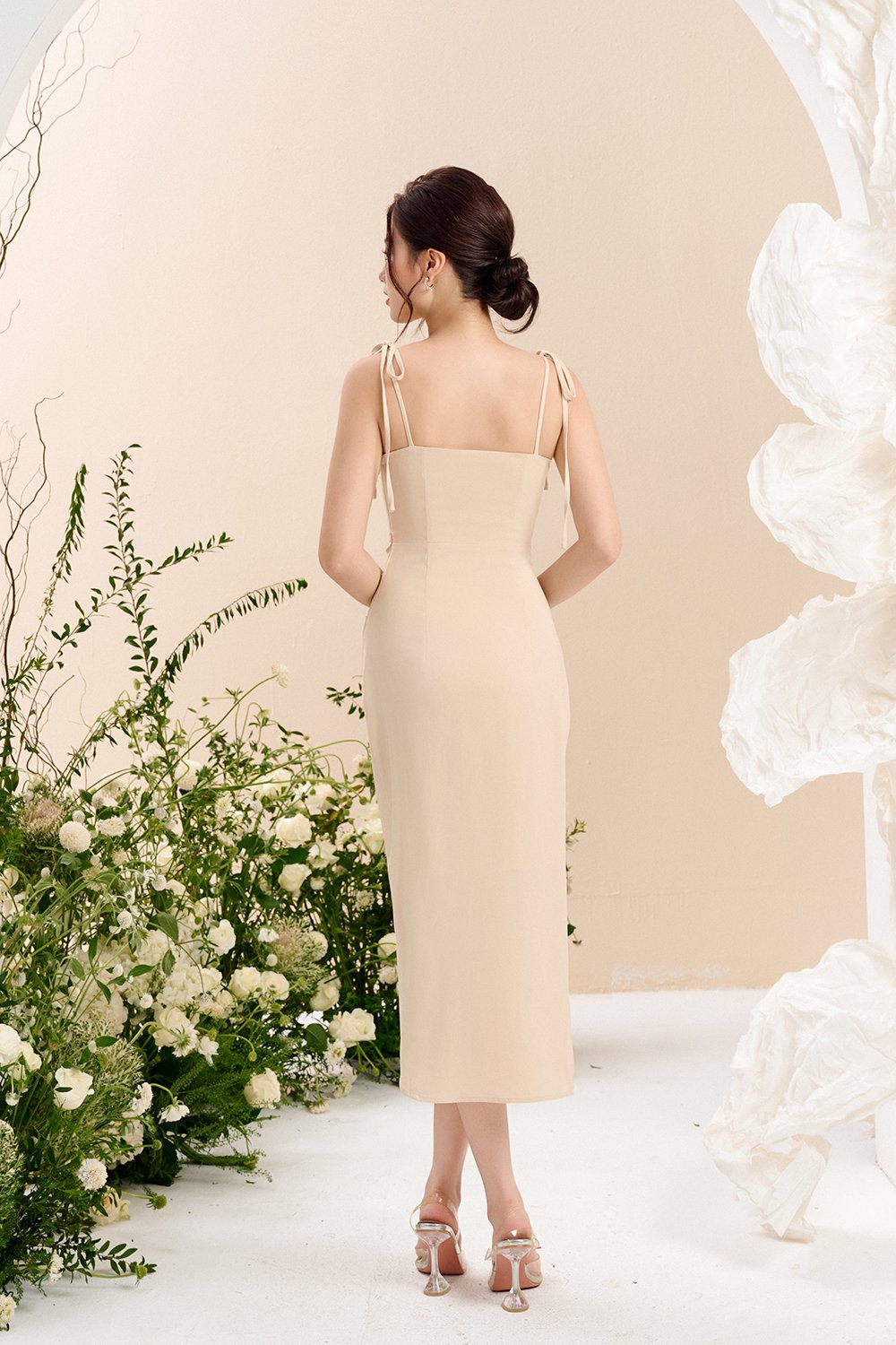 Adelaide Cowl Neck Slip Midi Dress in Champagne Glow