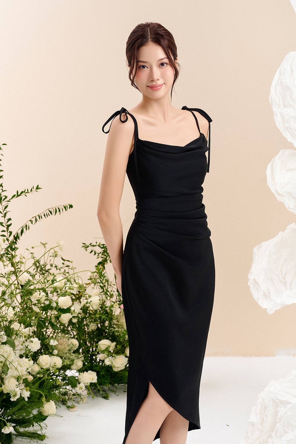 Adelaide Cowl Neck Slip Midi Dress in ⁠Classic Black