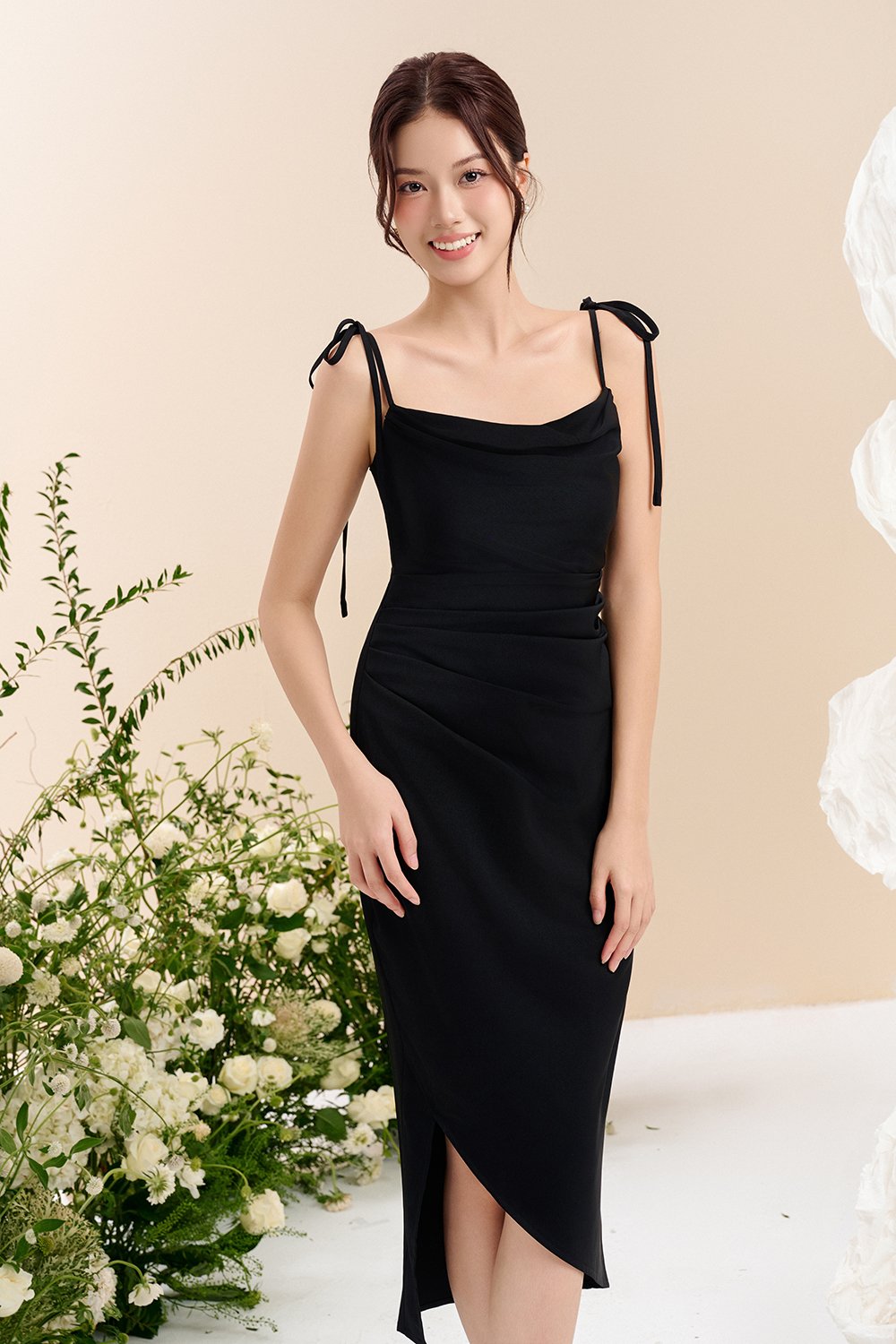 Adelaide Cowl Neck Slip Midi Dress in ⁠Classic Black