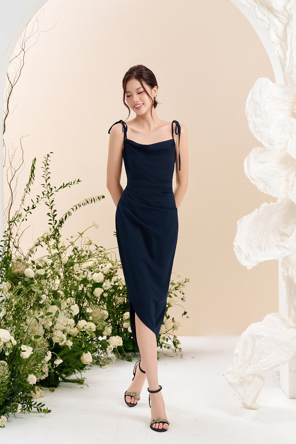 Adelaide Cowl Neck Slip Midi Dress in ⁠Enchanted Midnight