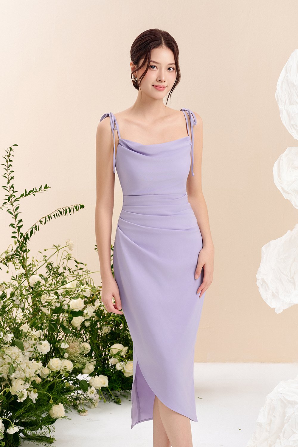 Adelaide Cowl Neck Slip Midi Dress in ⁠Violet Whisper