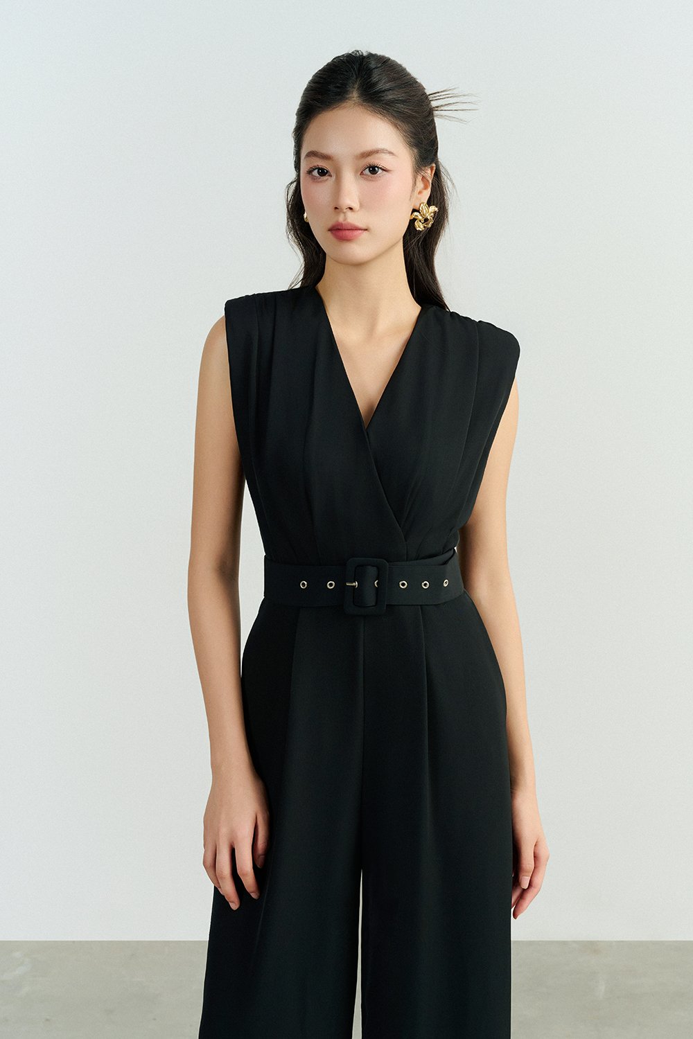Alyse Pleated V-Neckline Jumpsuit in Classic Black
