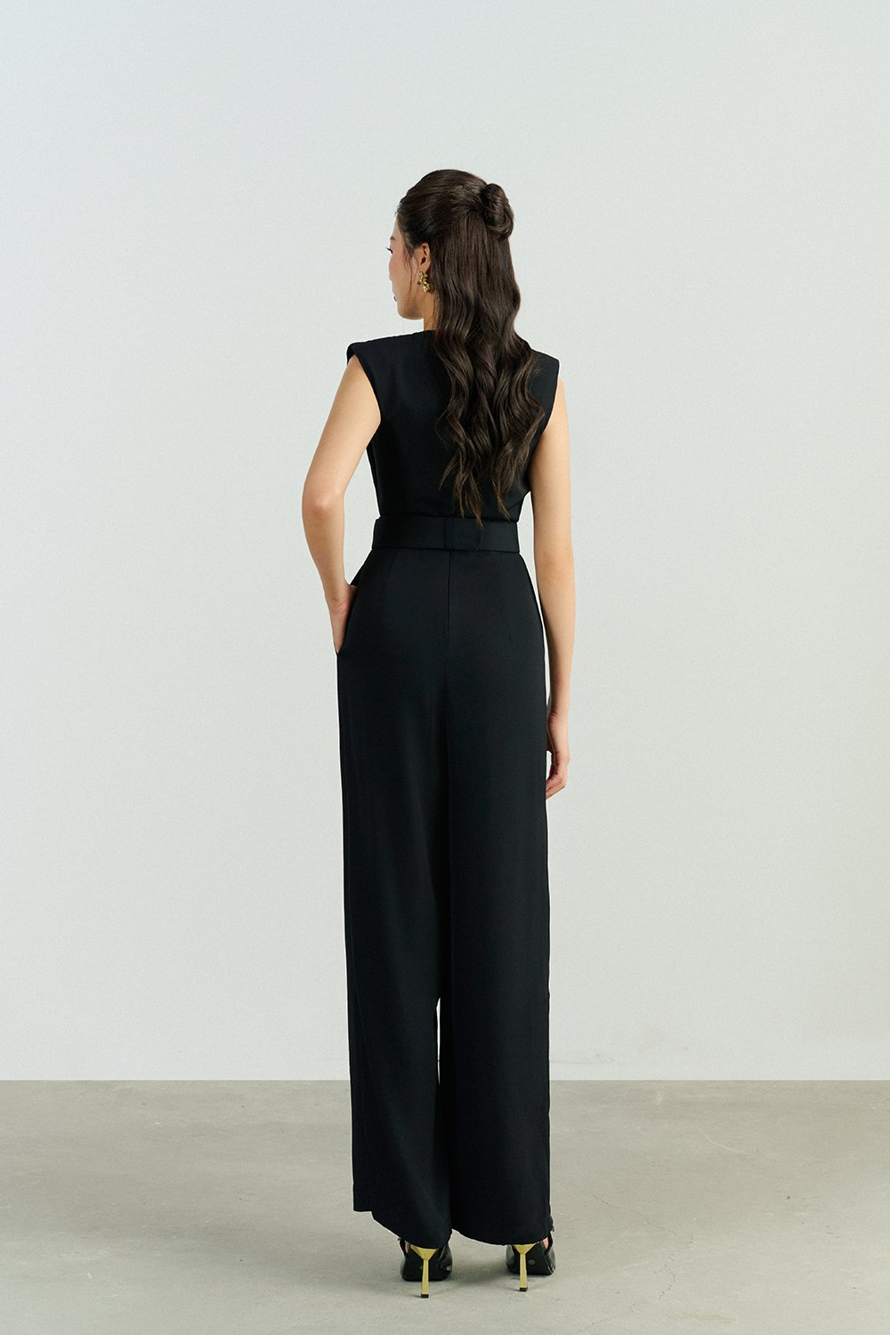 Alyse Pleated V-Neckline Jumpsuit in Classic Black