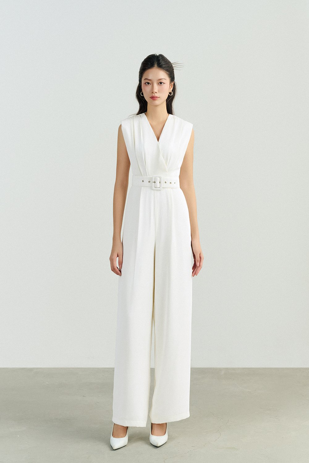 Alyse Pleated V-Neckline Jumpsuit in Iconic White