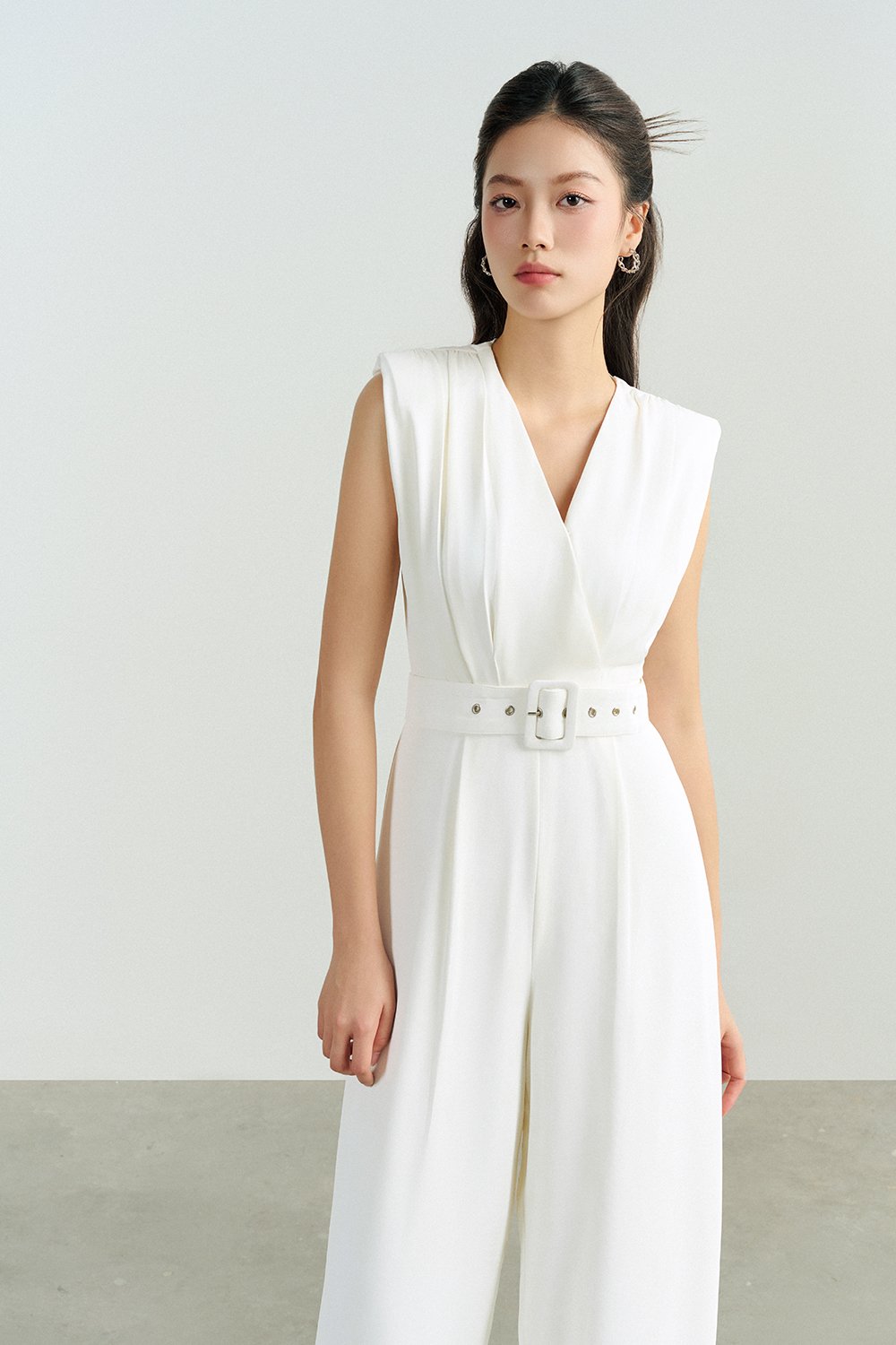 Alyse Pleated V-Neckline Jumpsuit in Iconic White