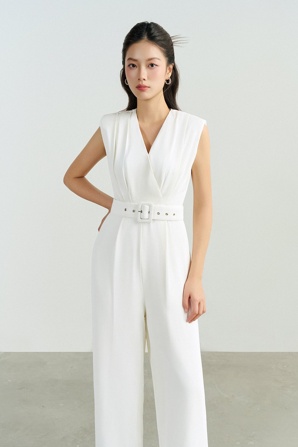 Alyse Pleated V-Neckline Jumpsuit in Iconic White