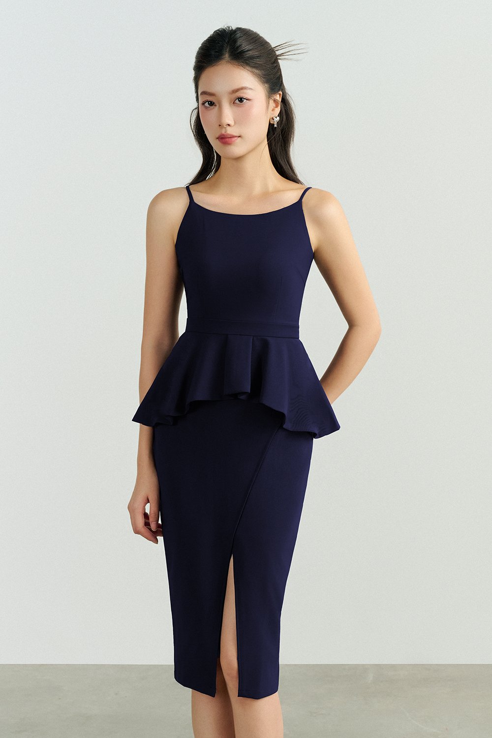 Clayre Peplum Pencil Dress in Navy Blue