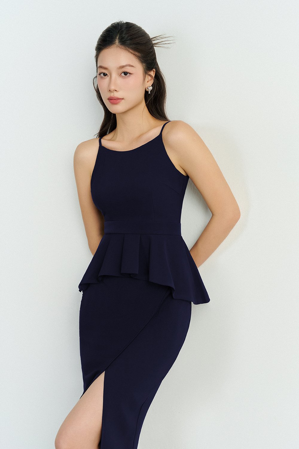 Clayre Peplum Pencil Dress in Navy Blue