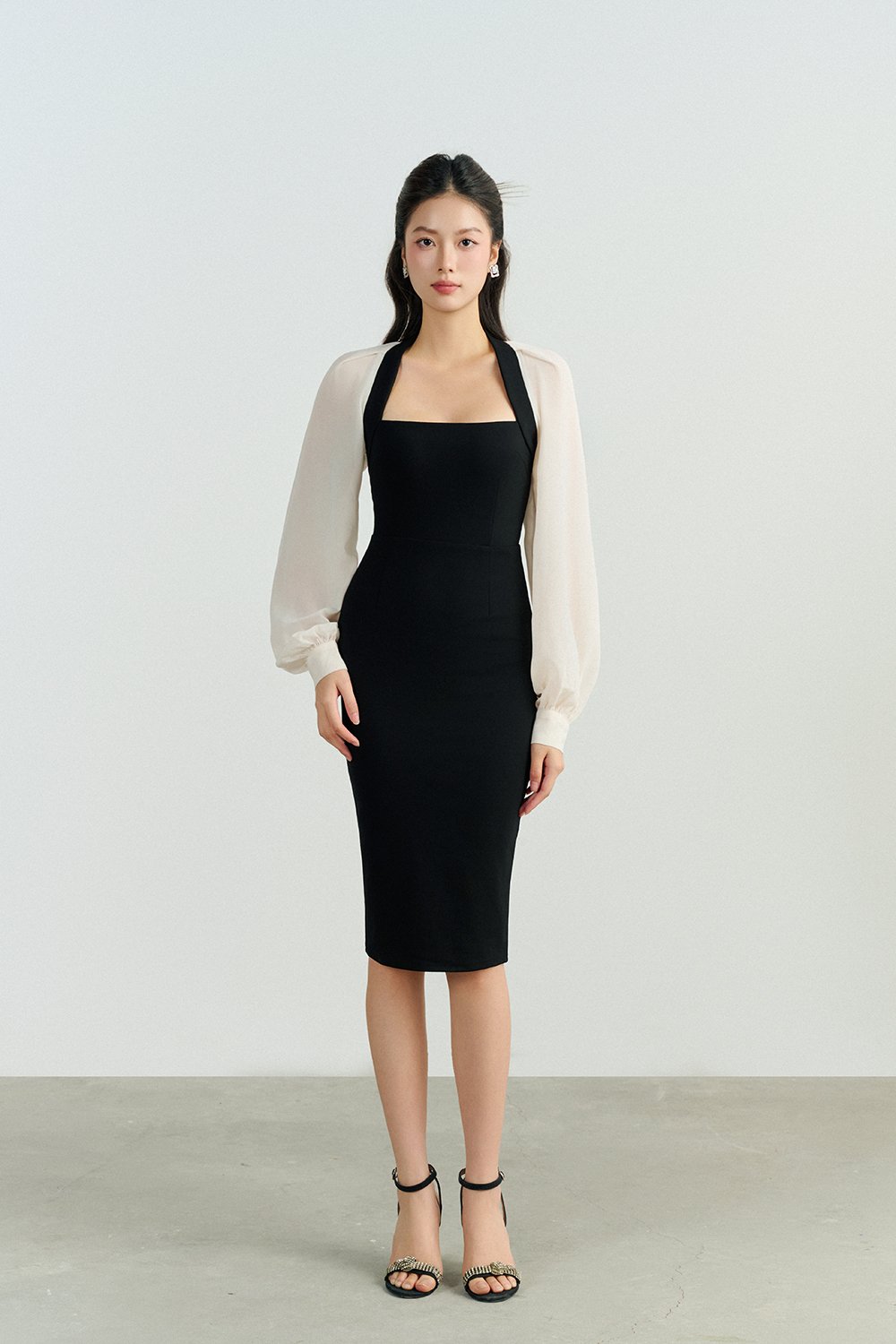 Eisley Chiffon Sleeves Pencil Padded Dress in Classic Black