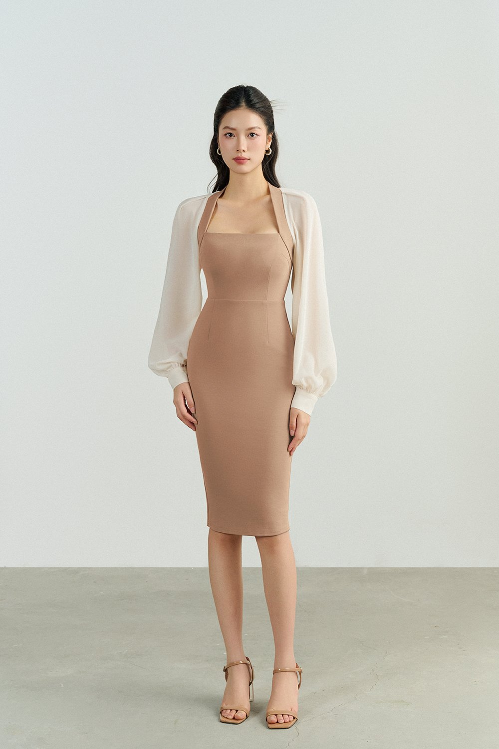 Eisley Chiffon Sleeves Pencil Padded Dress in Rose Tan
