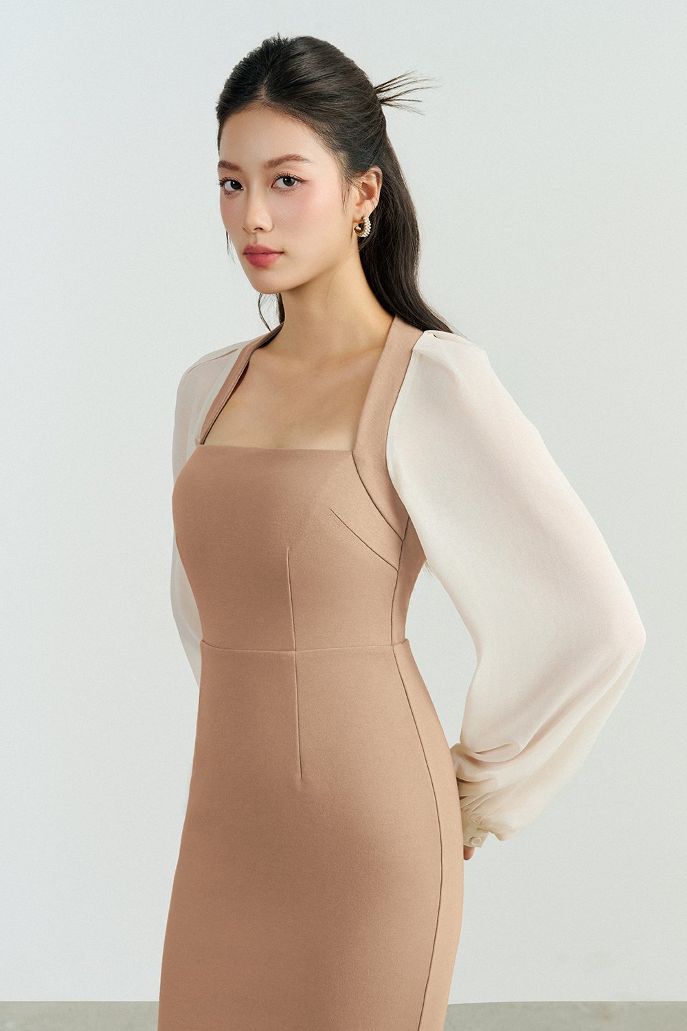 Eisley Chiffon Sleeves Pencil Padded Dress in Rose Tan