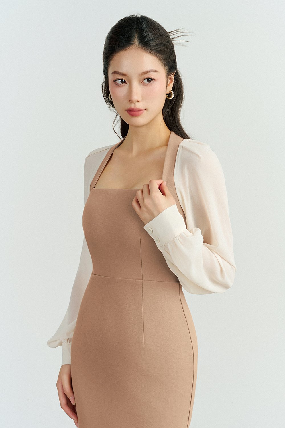 Eisley Chiffon Sleeves Pencil Padded Dress in Rose Tan