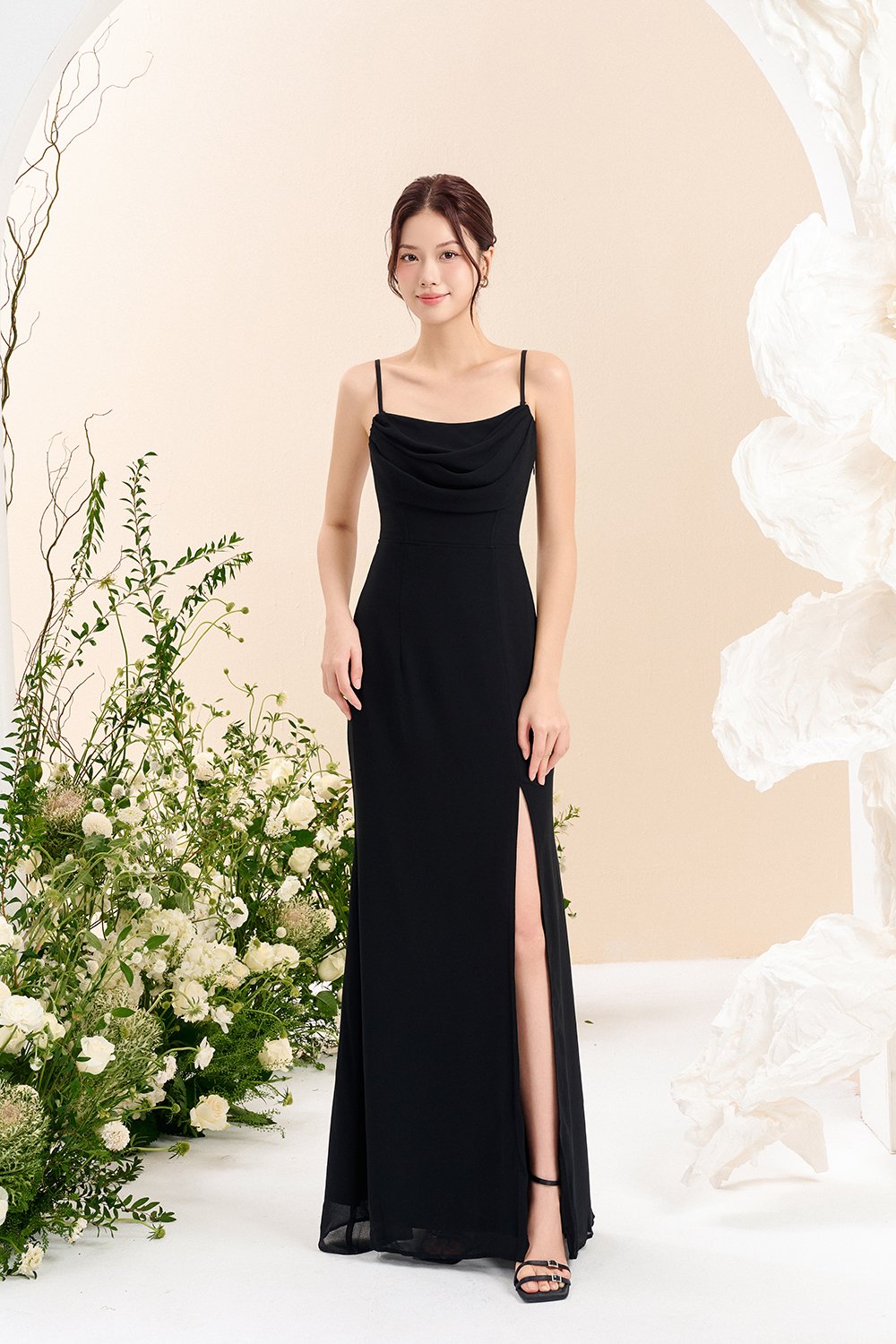 Iris 4-Way Mermaid Slip Padded Maxi Dress in Classic Black