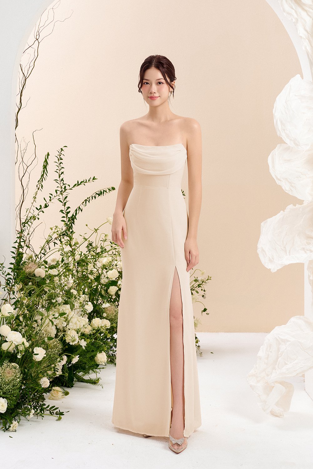 Iris 4-Way Mermaid Slip Padded Maxi Dress in Soft Cream