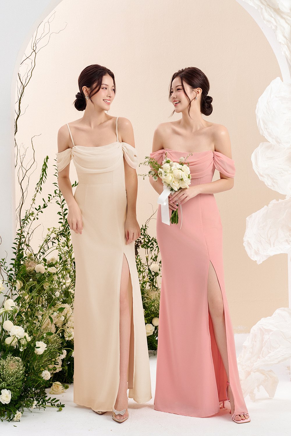 Iris 4-Way Mermaid Slip Padded Maxi Dress in Soft Cream