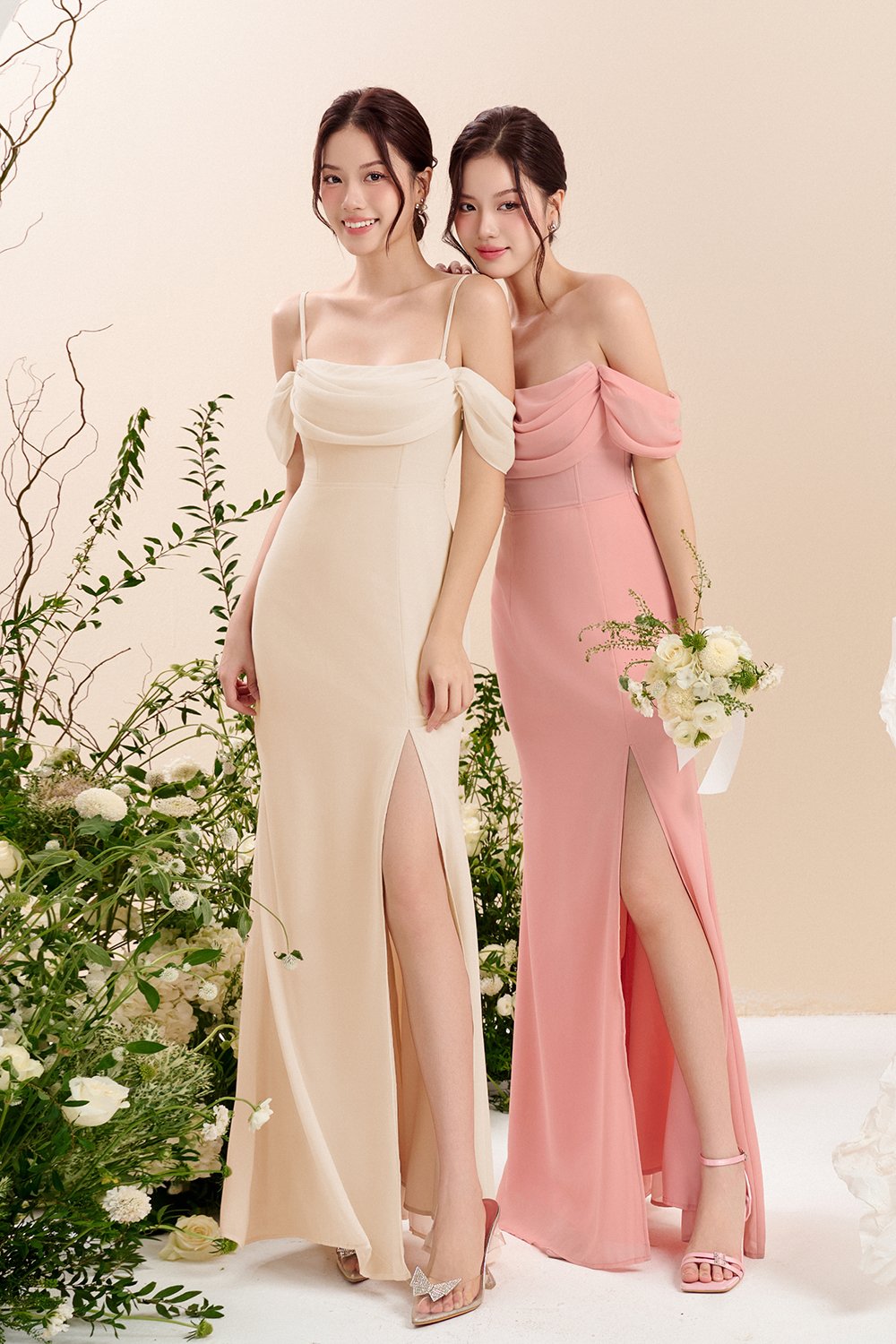 Iris 4-Way Mermaid Slip Padded Maxi Dress in Soft Cream