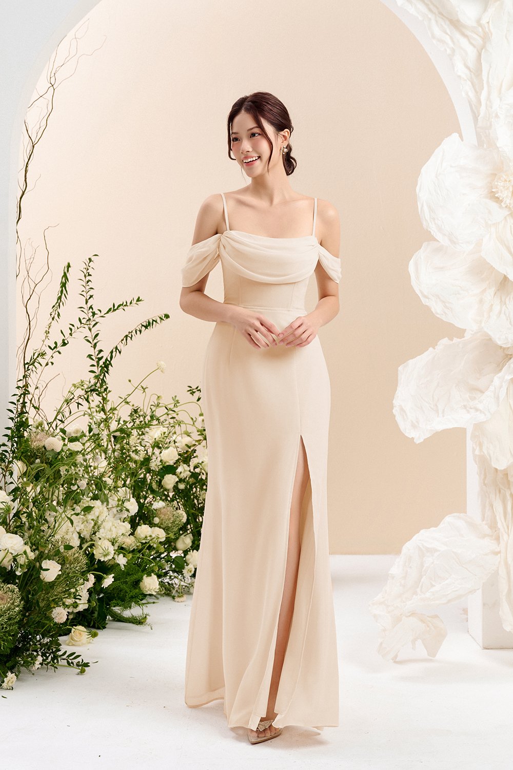 Iris 4-Way Mermaid Slip Padded Maxi Dress in Soft Cream