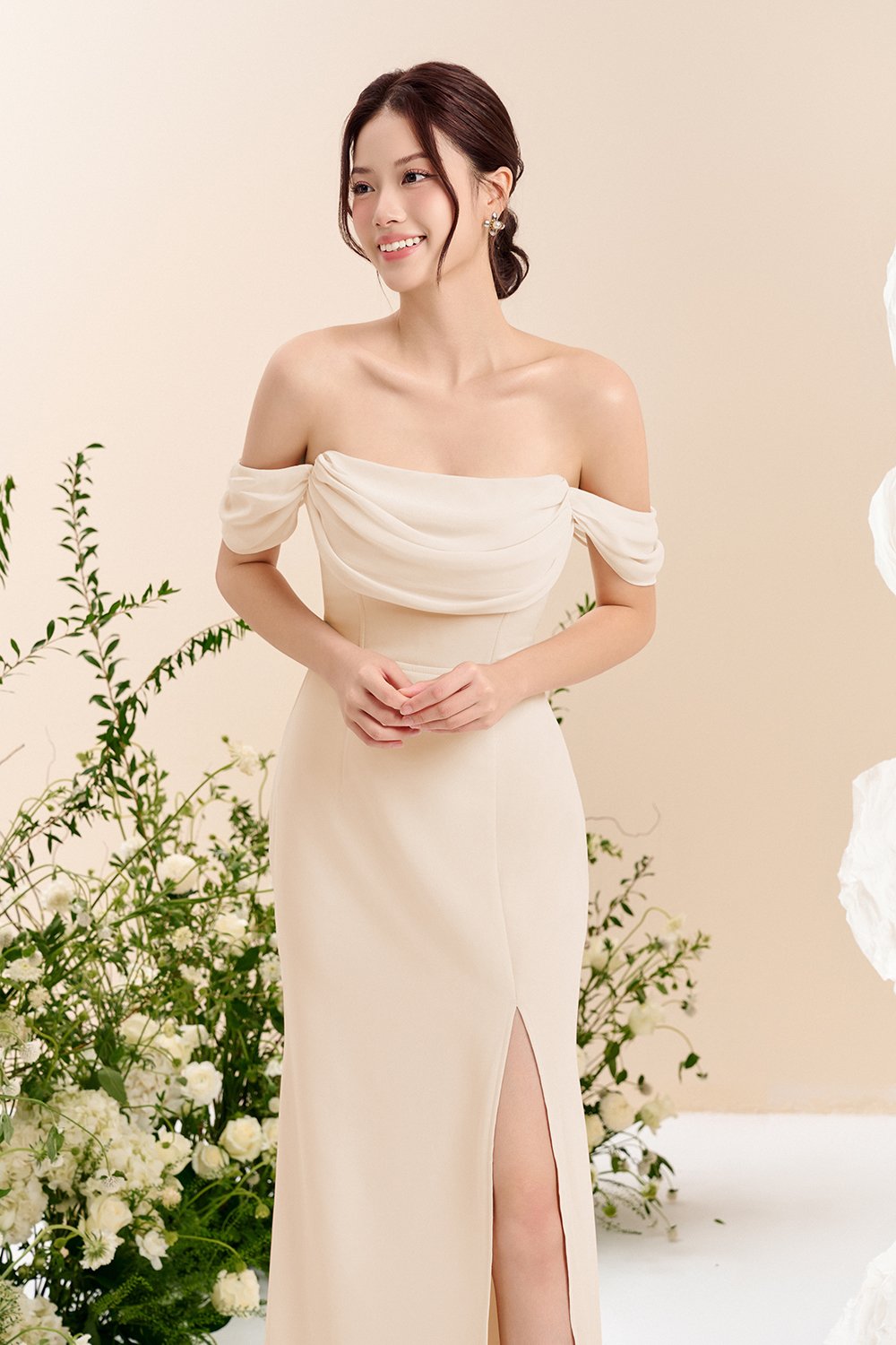 Iris 4-Way Mermaid Slip Padded Maxi Dress in Soft Cream