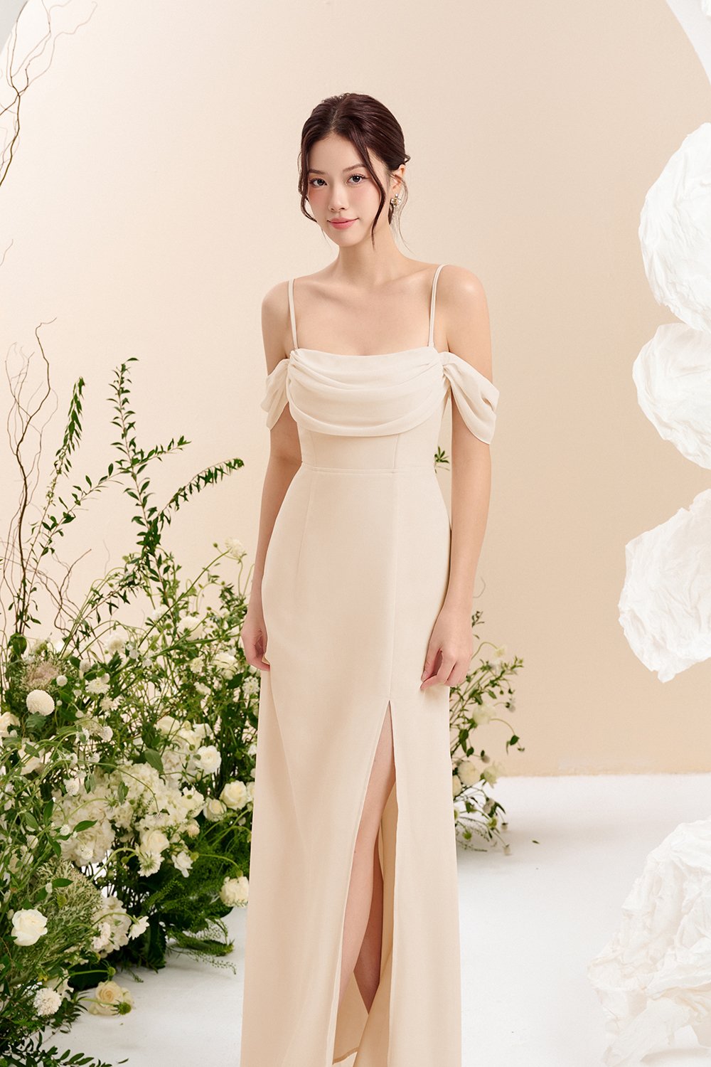 Iris 4-Way Mermaid Slip Padded Maxi Dress in Soft Cream