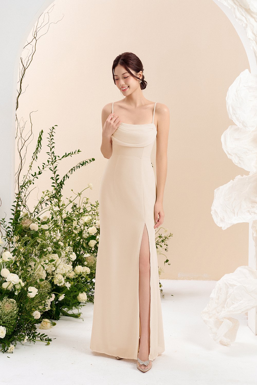 Iris 4-Way Mermaid Slip Padded Maxi Dress in Soft Cream