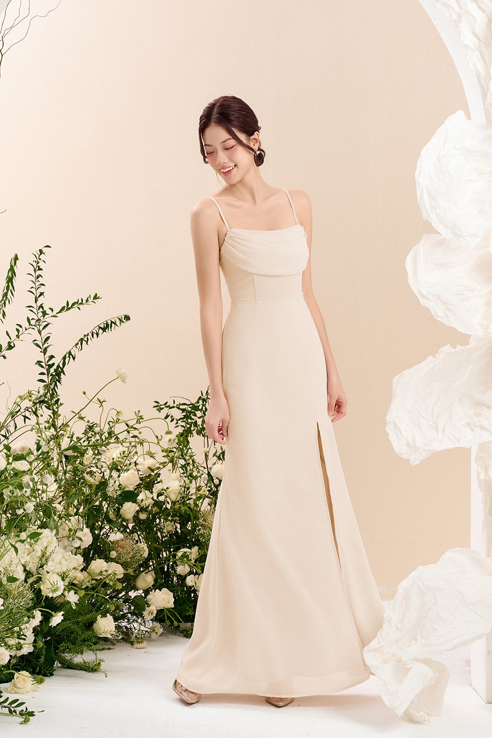 Iris 4-Way Mermaid Slip Padded Maxi Dress in Soft Cream