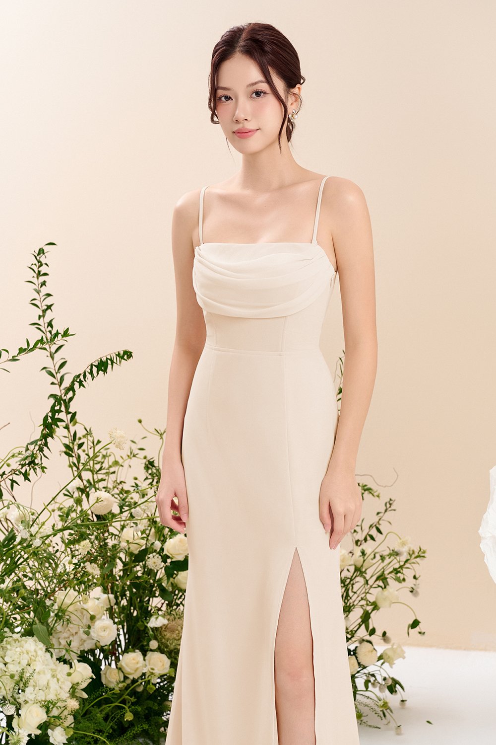 Iris 4-Way Mermaid Slip Padded Maxi Dress in Soft Cream