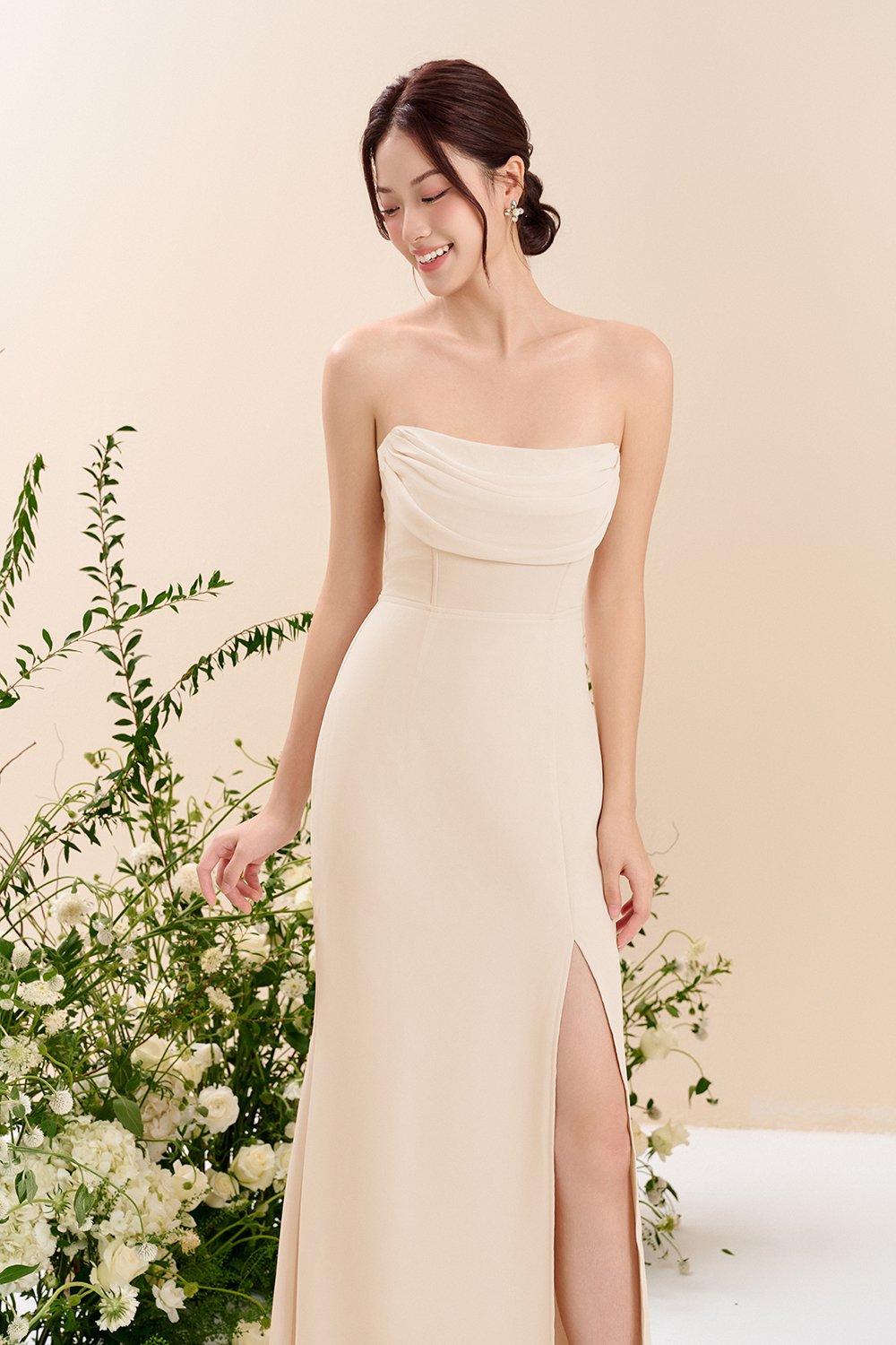 Iris 4-Way Mermaid Slip Padded Maxi Dress in Soft Cream