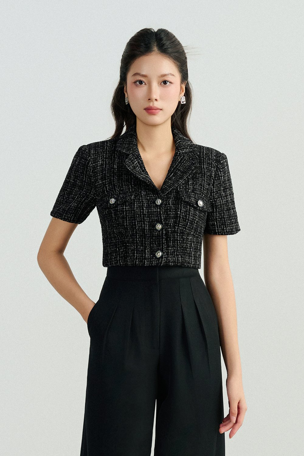 Orielle Cropped Tweed Top in Black/White Tweed