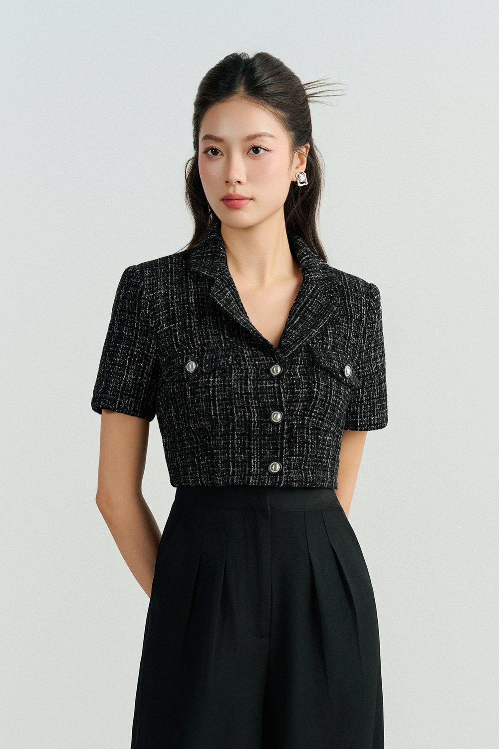 Orielle Cropped Tweed Top in Black/White Tweed