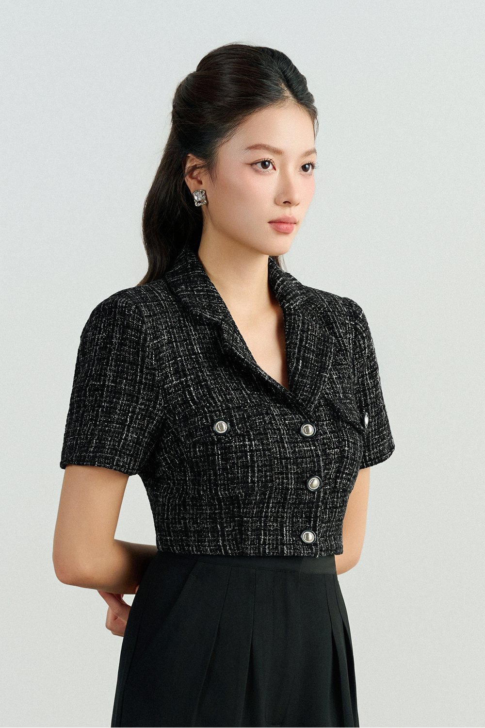 Orielle Cropped Tweed Top in Black/White Tweed