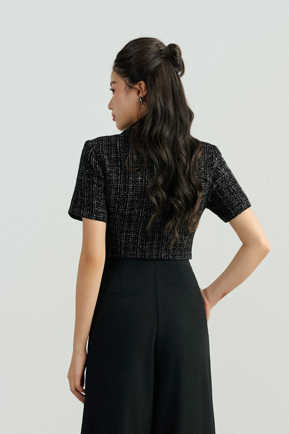 Orielle Cropped Tweed Top in Black/White Tweed