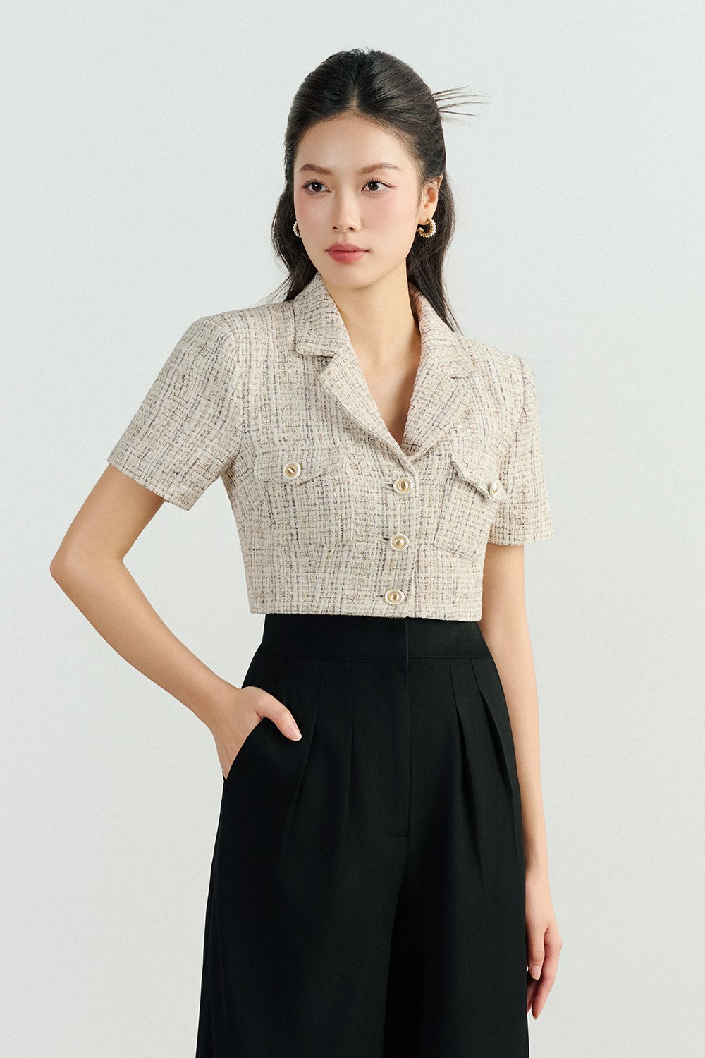 Orielle Cropped Tweed Top in Cream/Grey Tweed
