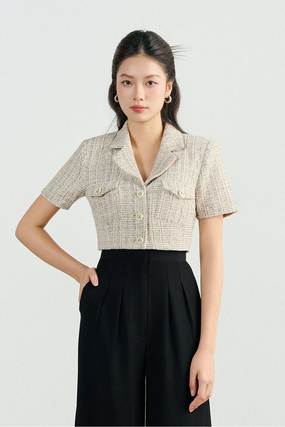 Orielle Cropped Tweed Top in Cream/Grey Tweed