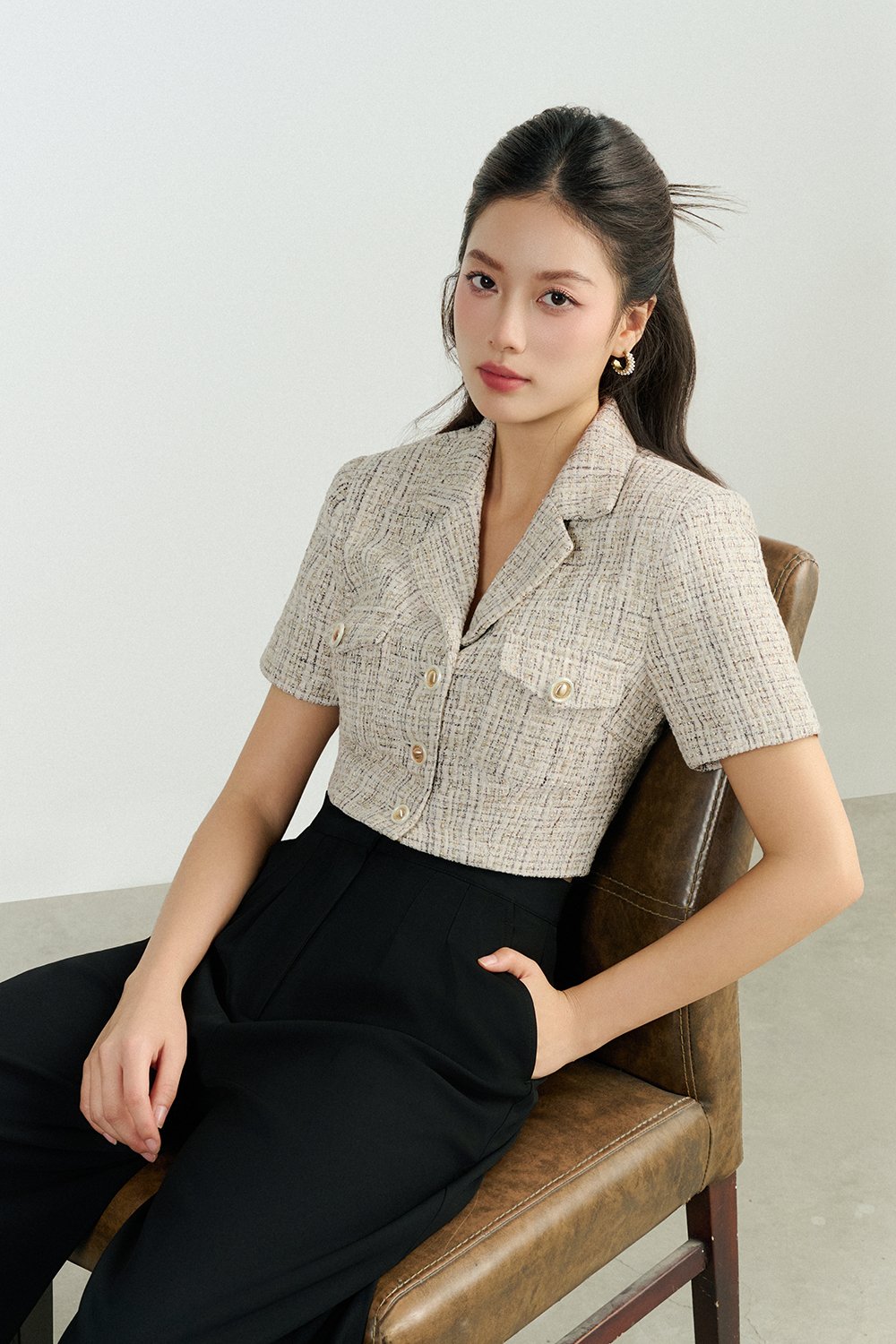 Orielle Cropped Tweed Top in Cream/Grey Tweed