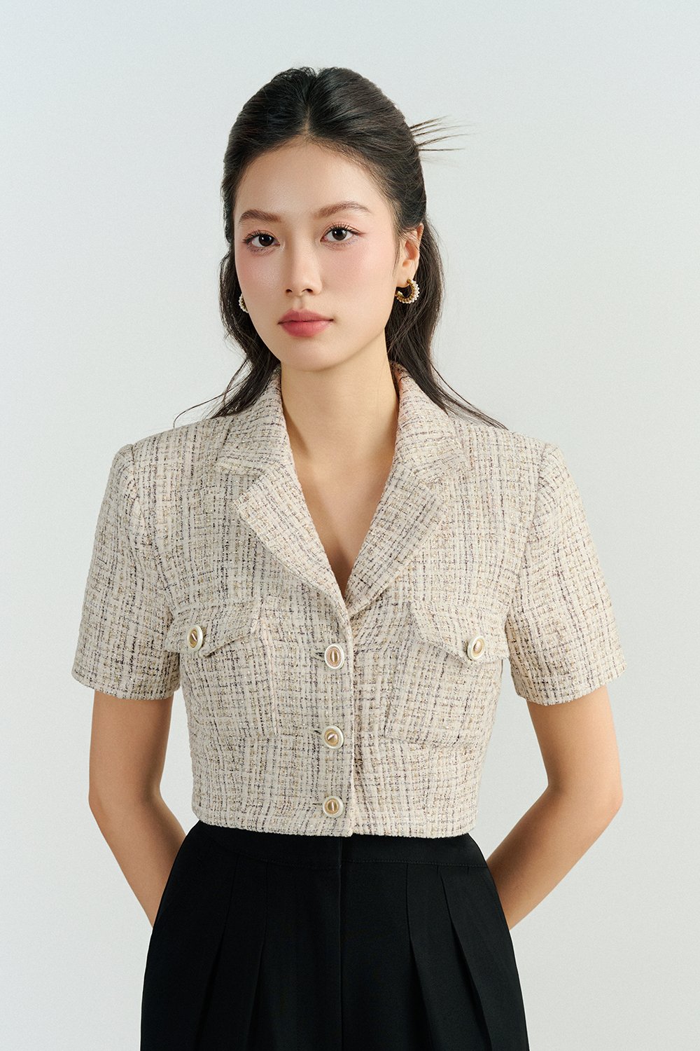 Orielle Cropped Tweed Top in Cream/Grey Tweed