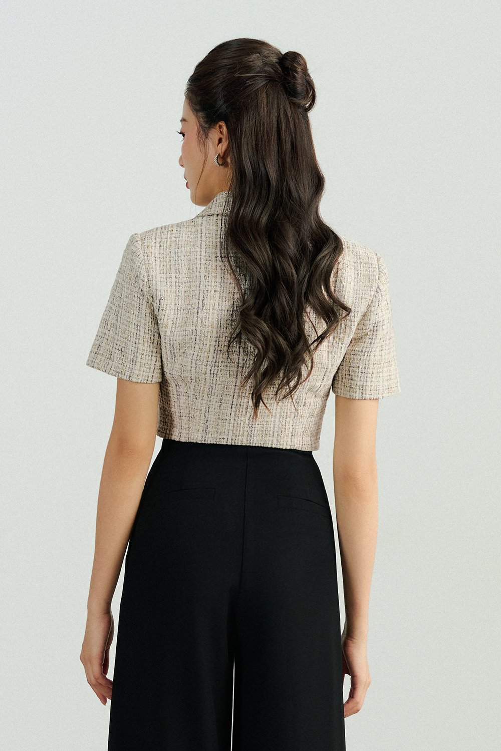 Orielle Cropped Tweed Top in Cream/Grey Tweed